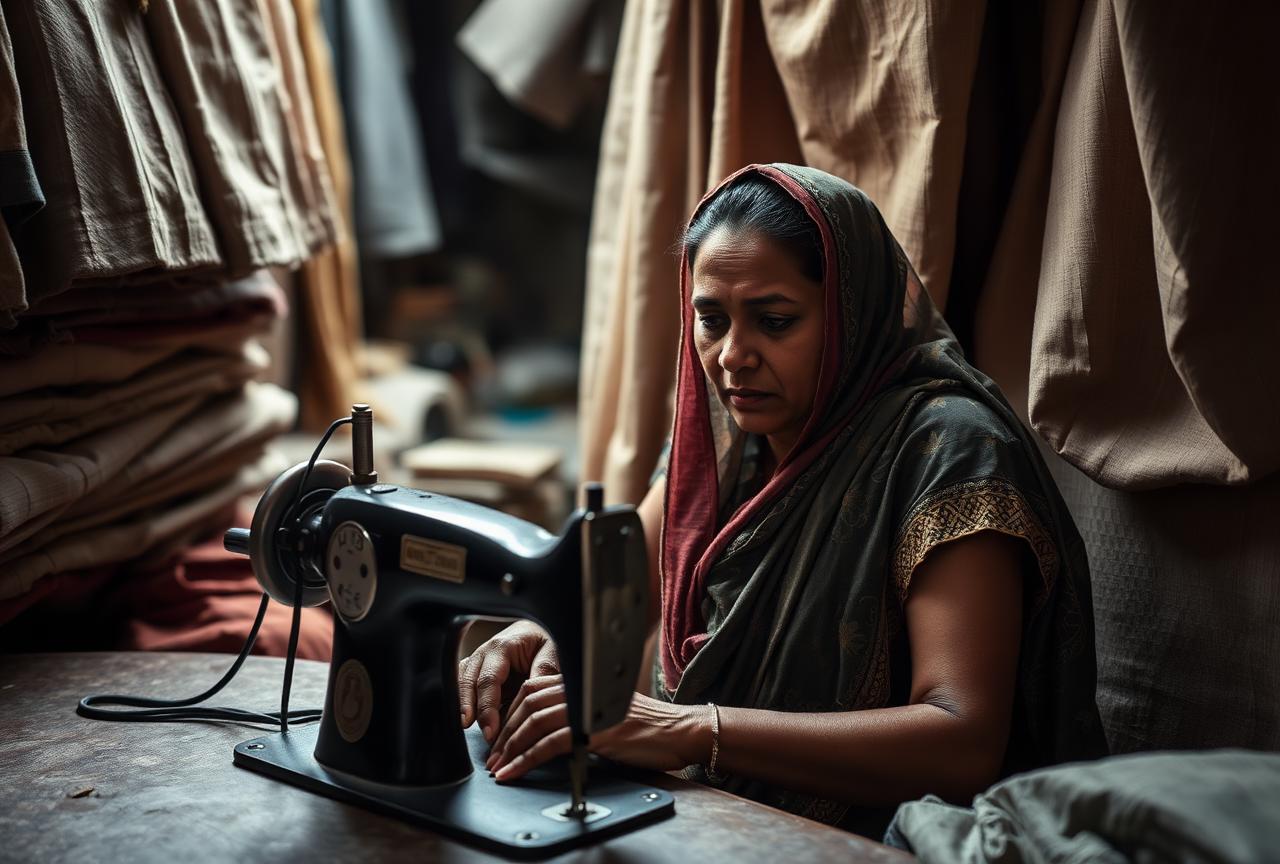 A small trader at her sewing machine in a Mirpur workshop